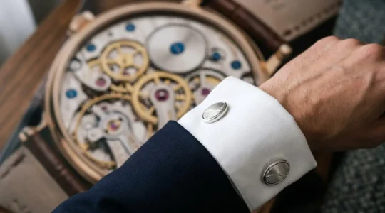 Gros plan artistique de boutons de manchette en argent massif sur une chemise blanche à poignet mousquetaire, avec une montre suisse en arrière-plan flou