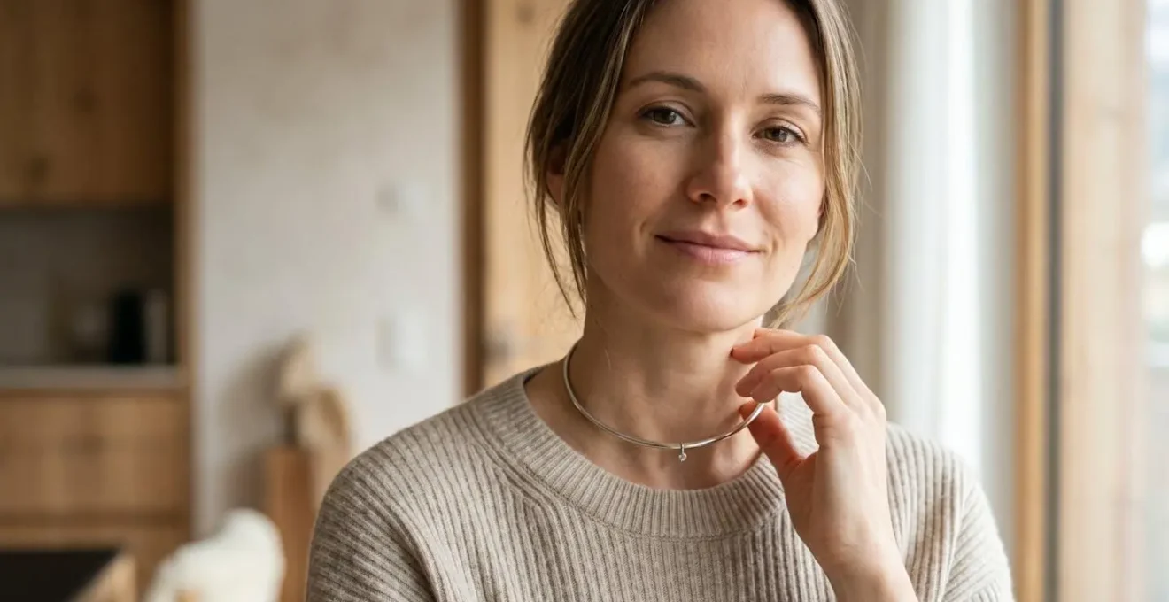 Femme portant un ras-de-cou élégant ajusté avec confort autour du cou dans un environnement lumineux et moderne