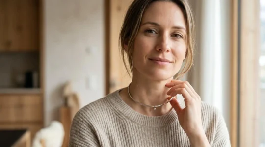 Femme portant un ras-de-cou élégant ajusté avec confort autour du cou dans un environnement lumineux et moderne