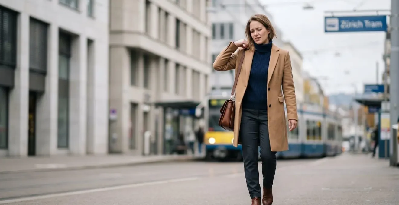 Femme portant un sac à bandoulière sur l'épaule dans un environnement urbain suisse