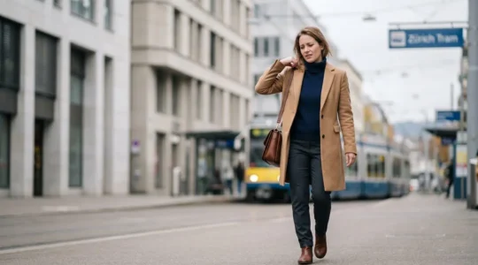 Femme portant un sac à bandoulière sur l'épaule dans un environnement urbain suisse