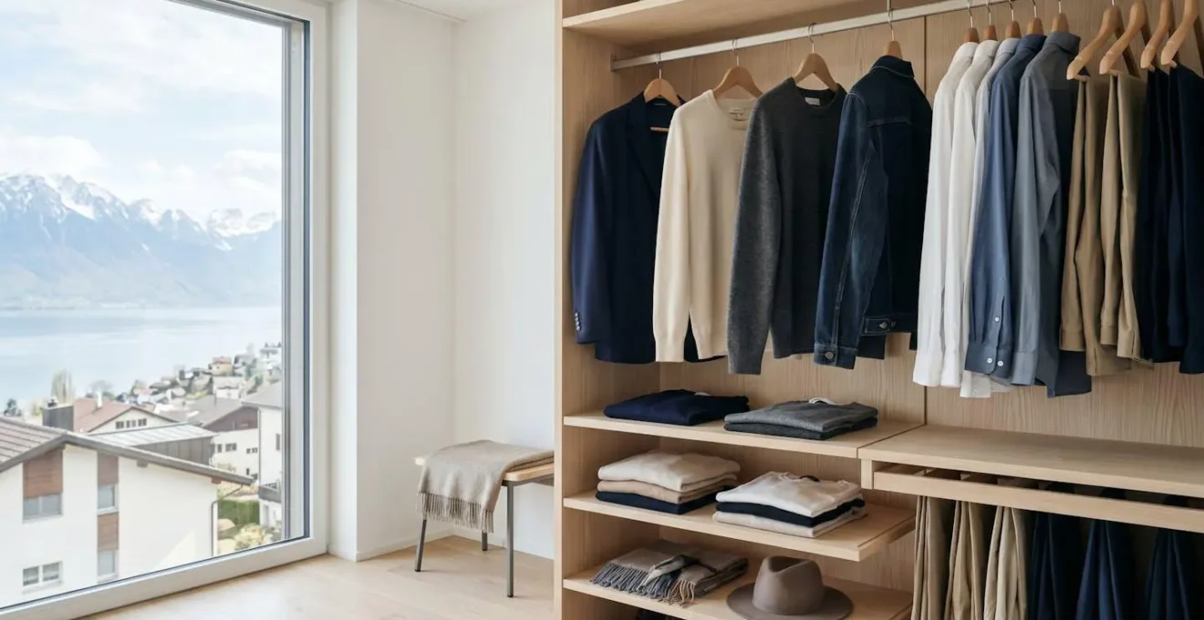 Organisation minimaliste d'une garde-robe capsule avec vêtements intemporrels adaptés au climat suisse