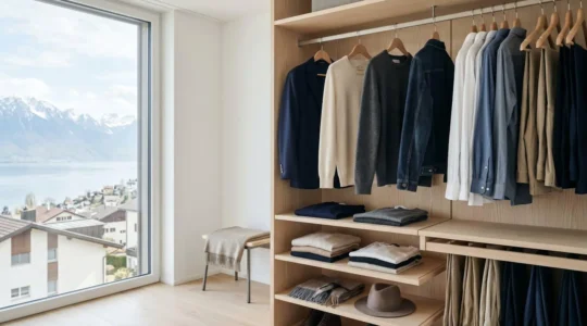 Organisation minimaliste d'une garde-robe capsule avec vêtements intemporrels adaptés au climat suisse