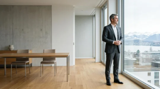 Homme d'affaires suisse au style sobre et élégant dans un environnement professionnel