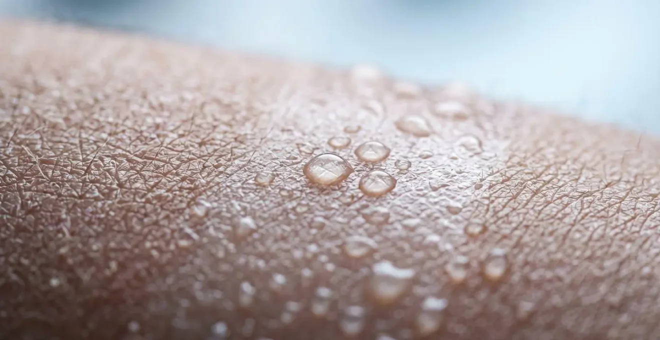 Gouttelettes d'hydratation sur peau déshydratée en hiver illustrant les effets de l'acide hyaluronique