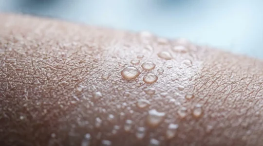 Gouttelettes d'hydratation sur peau déshydratée en hiver illustrant les effets de l'acide hyaluronique