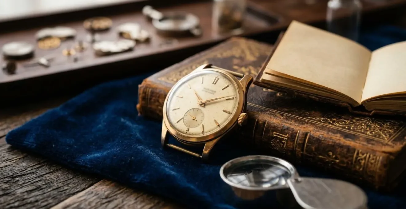 Composition élégante d'une montre suisse vintage en or posée sur un écrin de velours noir avec des pièces de mouvement mécanique d'horlogerie en arrière-plan