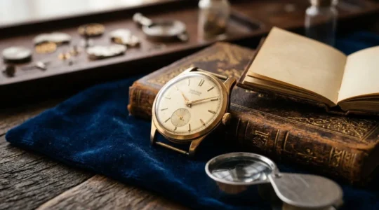 Composition élégante d'une montre suisse vintage en or posée sur un écrin de velours noir avec des pièces de mouvement mécanique d'horlogerie en arrière-plan