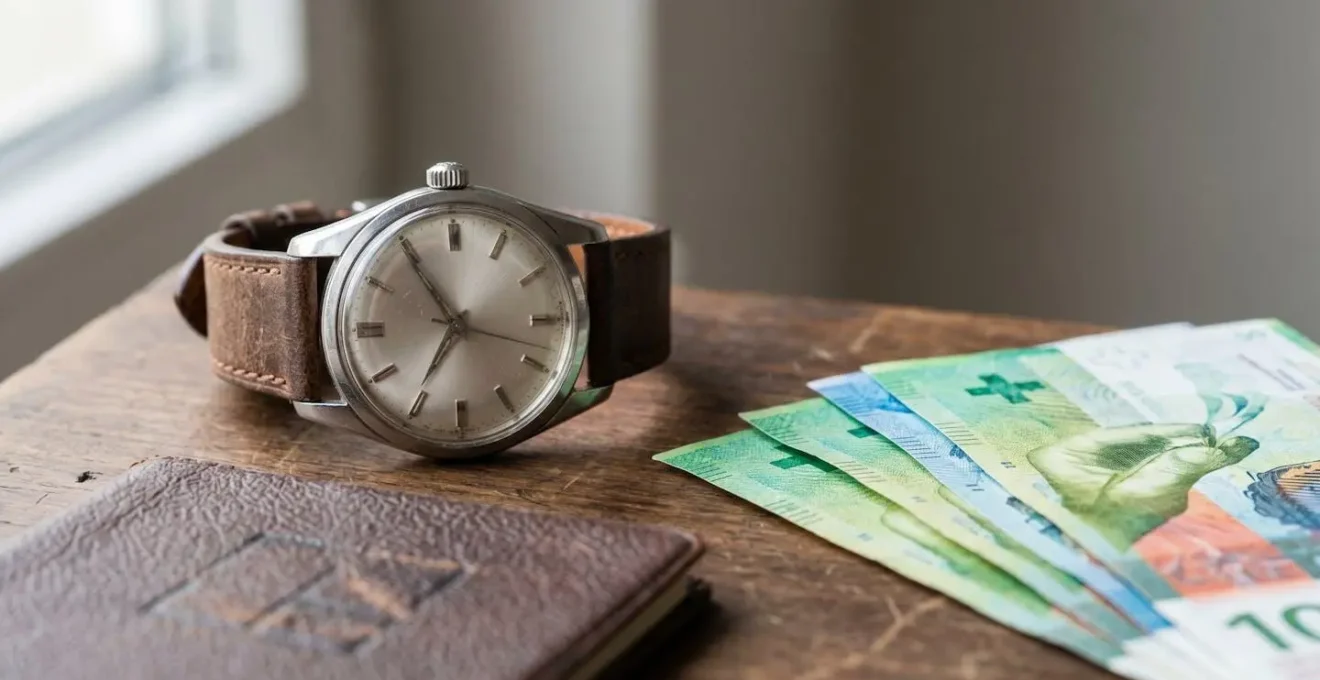 Montre suisse vintage mécanique de collection avec patine authentique sur fond épuré évoquant l'horlogerie de luxe patrimoniale