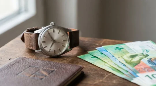 Montre suisse vintage mécanique de collection avec patine authentique sur fond épuré évoquant l'horlogerie de luxe patrimoniale