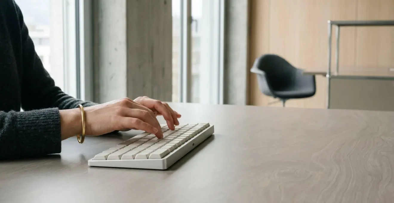 Poignet élégant avec jonc en or fin porté devant un clavier moderne dans un environnement de bureau suisse épuré