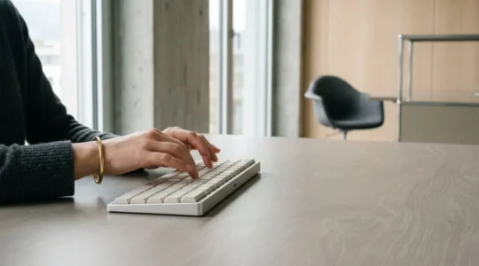 Poignet élégant avec jonc en or fin porté devant un clavier moderne dans un environnement de bureau suisse épuré