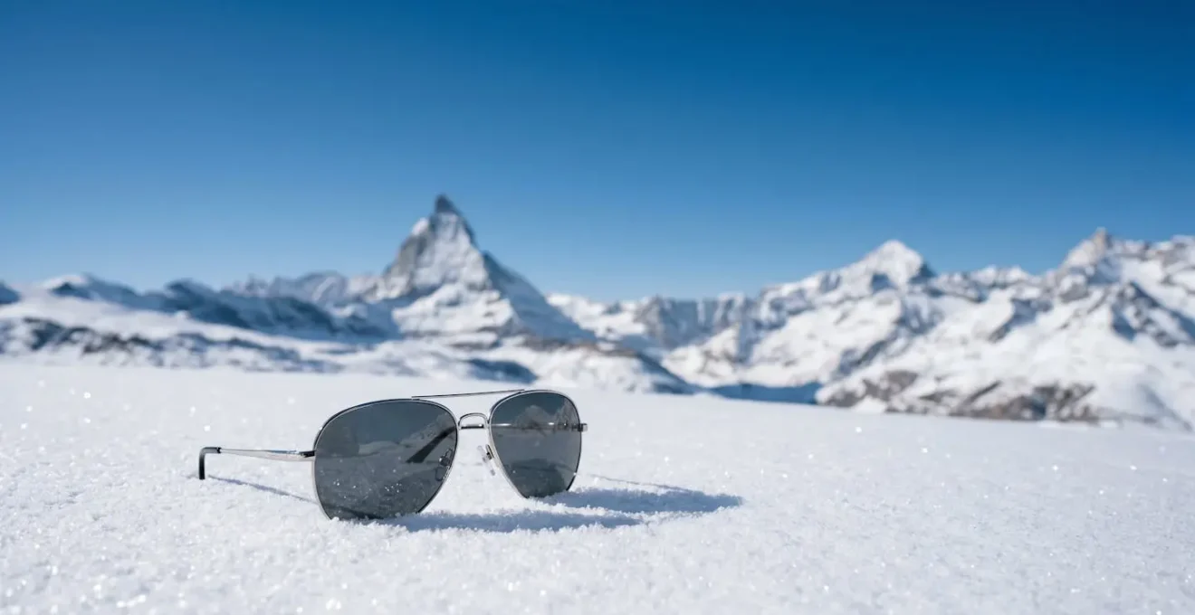 Lunettes de soleil sur neige de montagne en Suisse avec reflets lumineux naturels