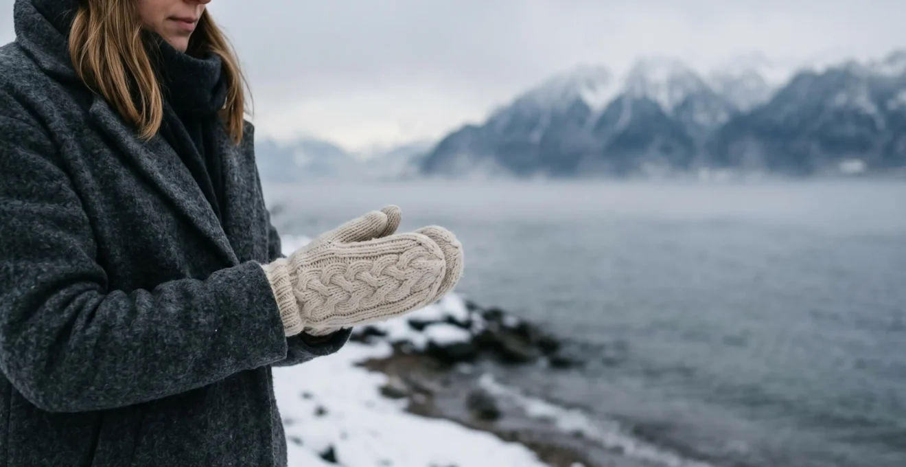 Mains portant des gants en laine dans un environnement hivernal froid