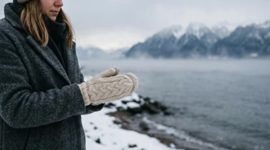 Mains portant des gants en laine dans un environnement hivernal froid