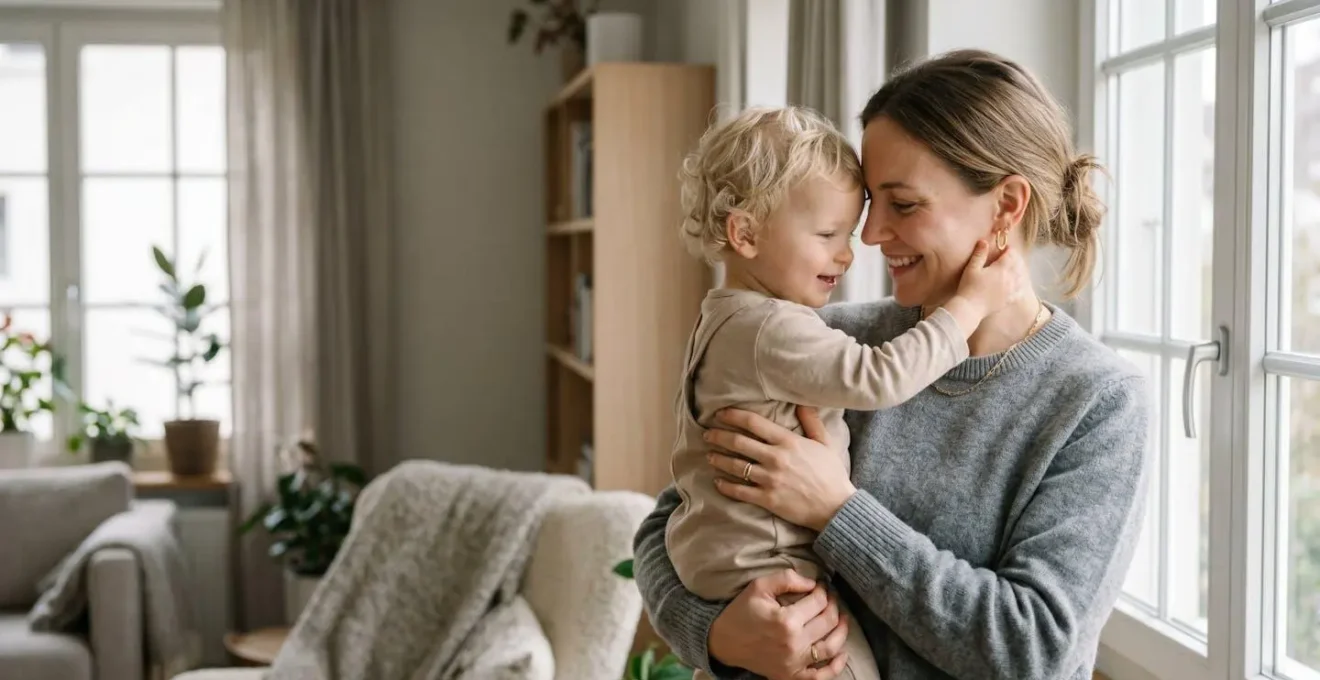 Jeune maman portant des boucles d'oreilles dormeuses élégantes tout en tenant son enfant en bas âge