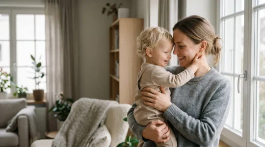 Jeune maman portant des boucles d'oreilles dormeuses élégantes tout en tenant son enfant en bas âge