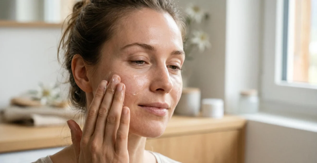 Application d'un masque hydratant sur le visage avec des ingrédients naturels en arrière-plan