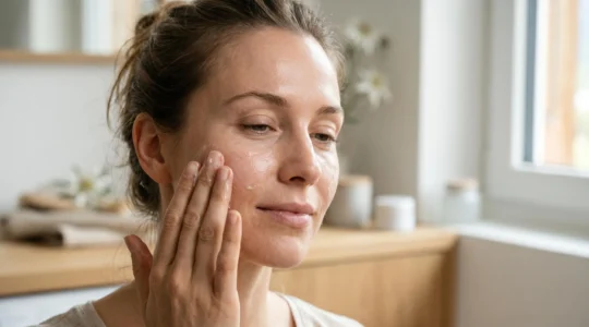 Application d'un masque hydratant sur le visage avec des ingrédients naturels en arrière-plan