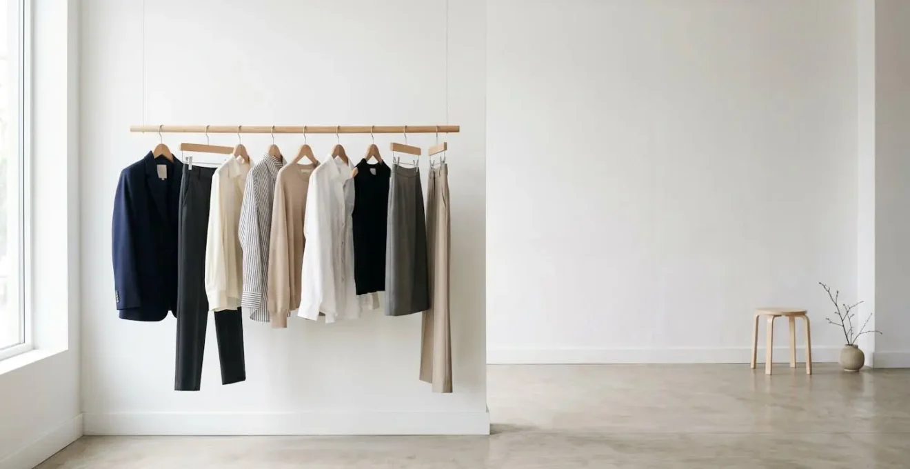 Composition minimaliste d'une garde-robe capsule avec neuf vêtements soigneusement sélectionnés sur fond épuré