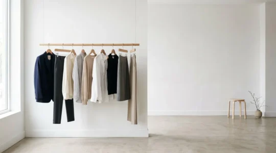 Composition minimaliste d'une garde-robe capsule avec neuf vêtements soigneusement sélectionnés sur fond épuré