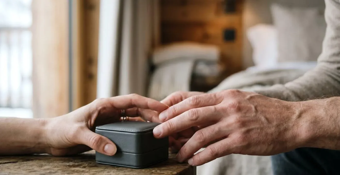 Moment intime et élégant illustrant l'offrande d'un bijou précieux dans une relation amoureuse