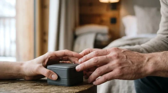 Moment intime et élégant illustrant l'offrande d'un bijou précieux dans une relation amoureuse