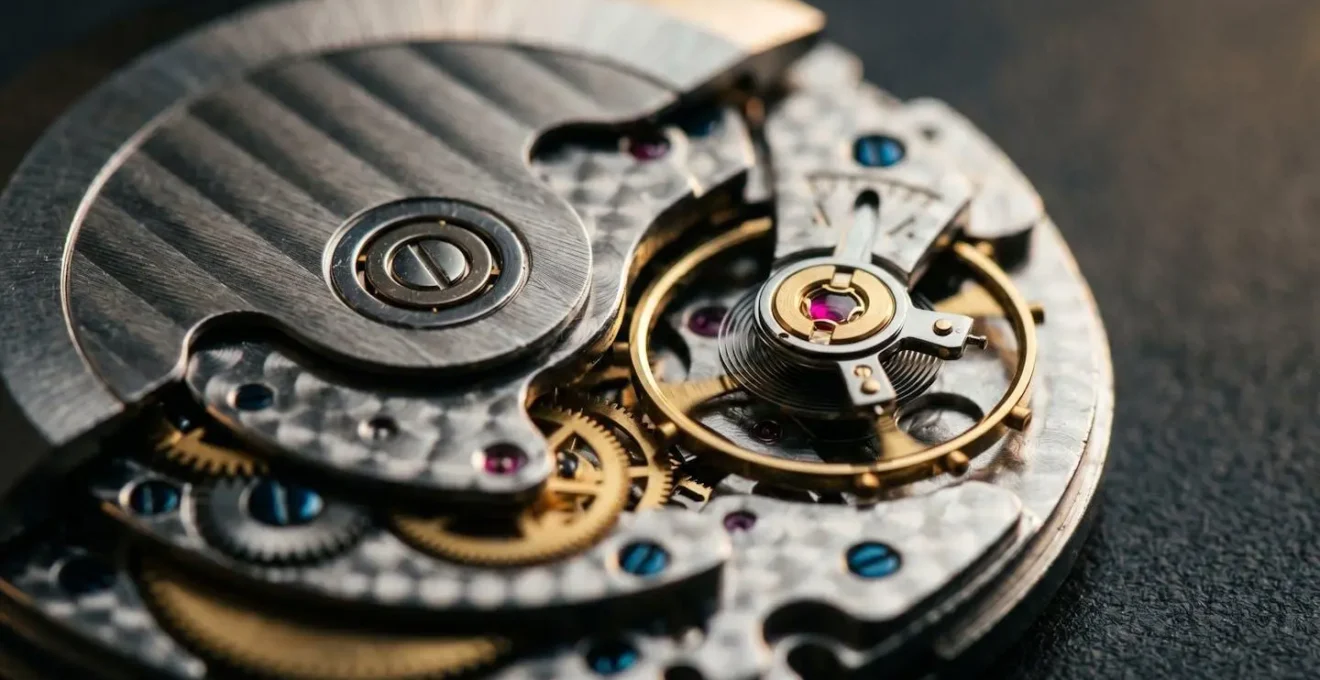 Gros plan d'un mouvement horloger automatique avec rotor visible, composants mécaniques en pleine action