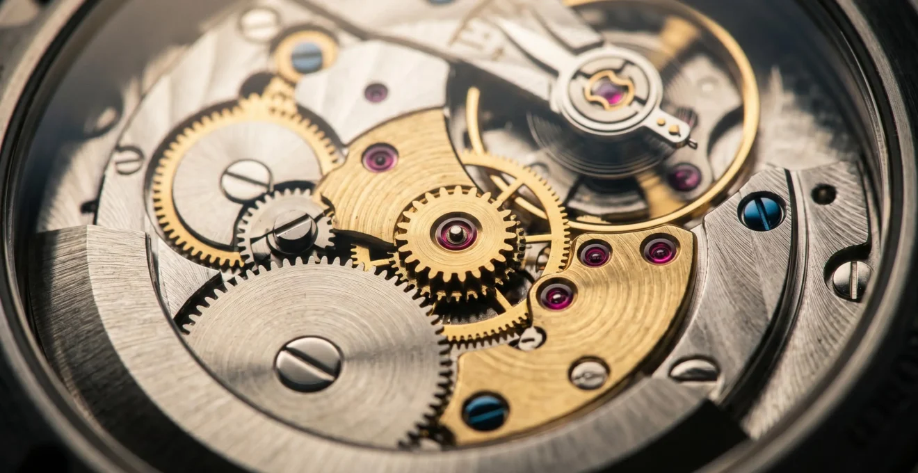 Gros plan d'un mouvement automatique de montre suisse avec ses rouages mécaniques de précision