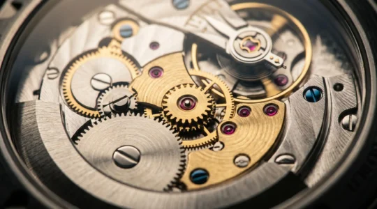 Gros plan d'un mouvement automatique de montre suisse avec ses rouages mécaniques de précision