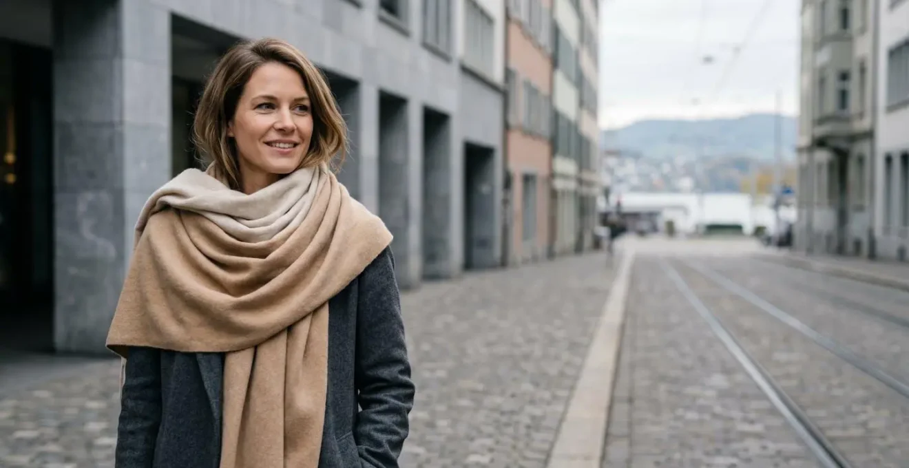 Femme élégante portant une écharpe XXL nouée avec style dans un paysage urbain suisse hivernal