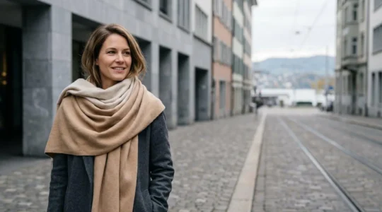 Femme élégante portant une écharpe XXL nouée avec style dans un paysage urbain suisse hivernal