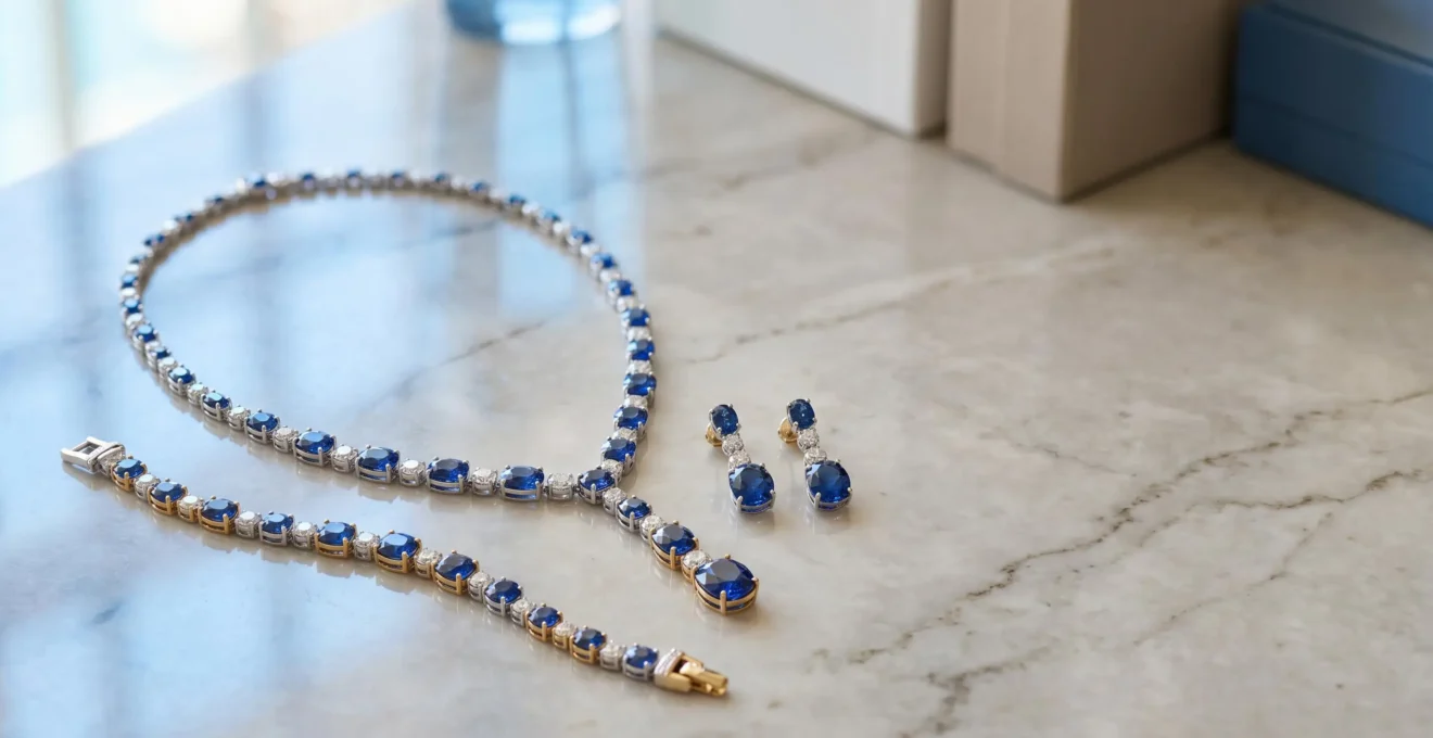 Parure de bijoux en saphir et diamant disposée élégamment avec collier bracelet et boucles d'oreilles