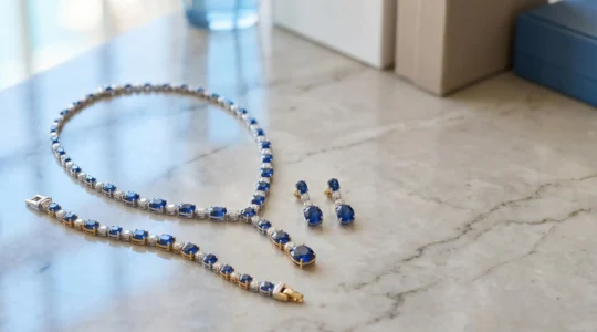 Parure de bijoux en saphir et diamant disposée élégamment avec collier bracelet et boucles d'oreilles