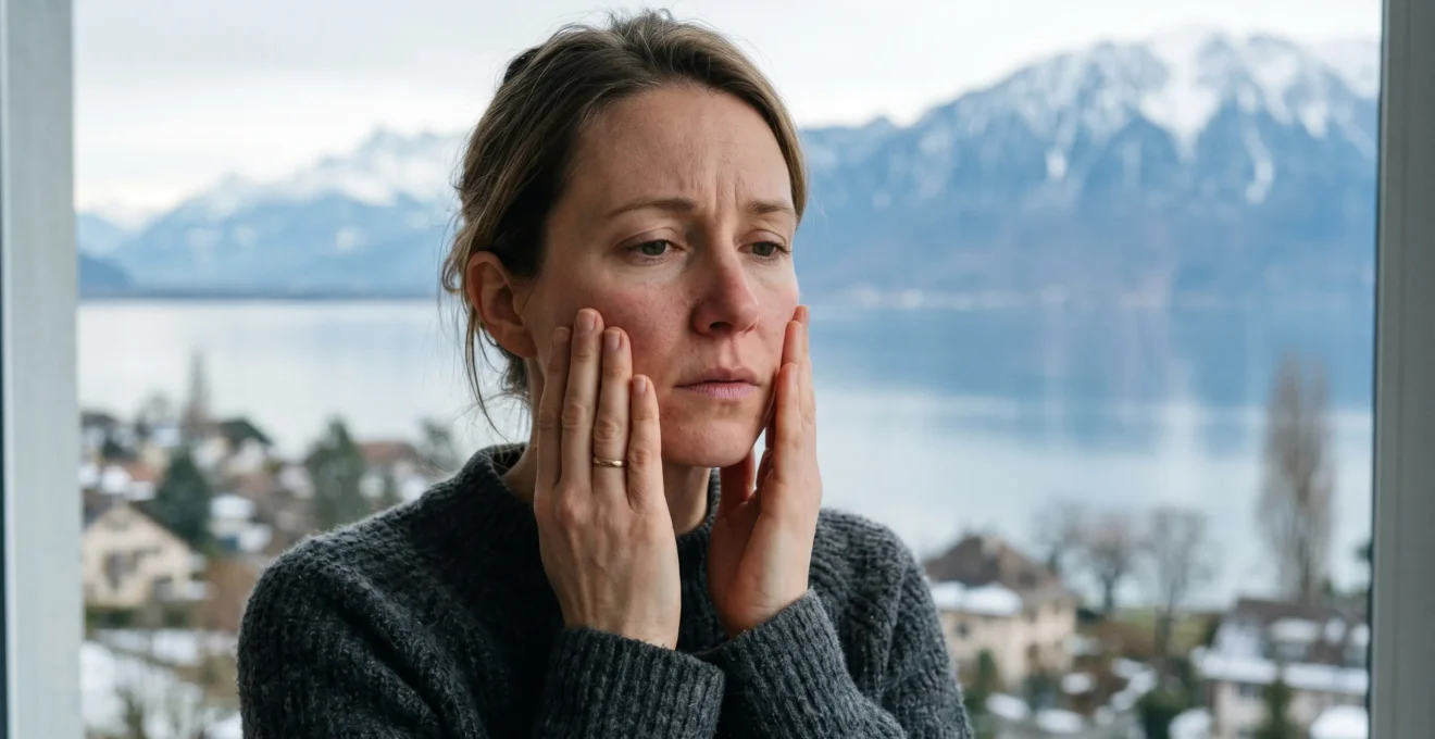 Femme touchant délicatement sa peau sensible dans un environnement hivernal suisse avec lac et montagnes en arrière-plan