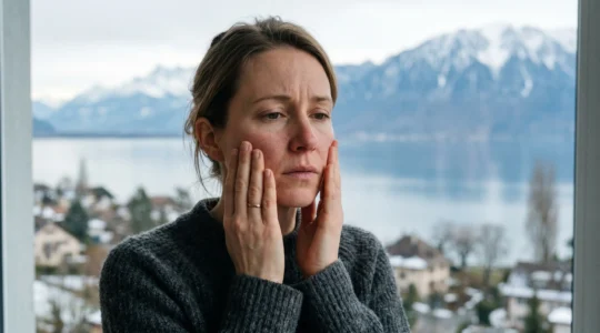 Femme touchant délicatement sa peau sensible dans un environnement hivernal suisse avec lac et montagnes en arrière-plan