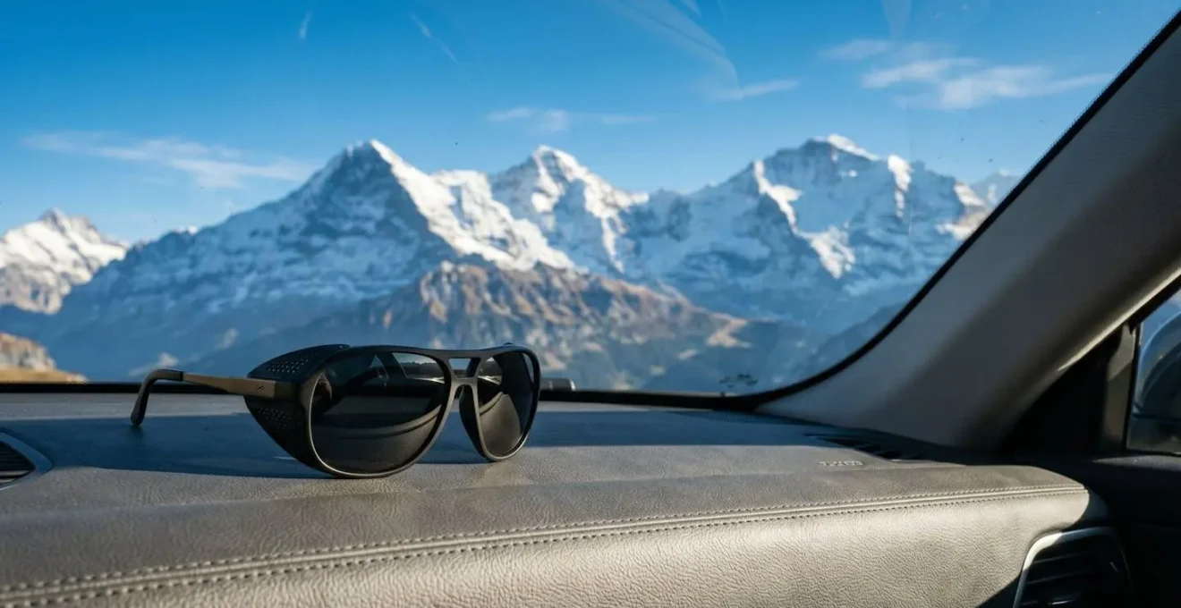 Lunettes de soleil de glacier posées sur tableau de bord de voiture avec paysage alpin suisse en arrière-plan