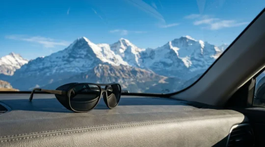 Lunettes de soleil de glacier posées sur tableau de bord de voiture avec paysage alpin suisse en arrière-plan