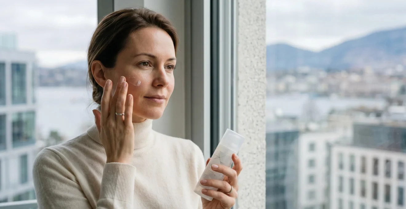 Application de protection solaire SPF 50 en environnement urbain suisse par temps couvert