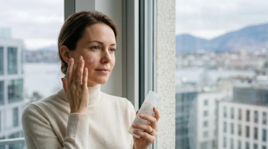 Application de protection solaire SPF 50 en environnement urbain suisse par temps couvert
