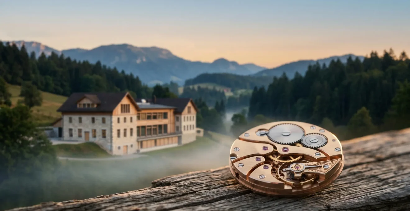 Vue symbolique de l'industrie horlogère suisse entre tradition mécanique et innovation moderne