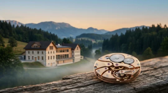 Vue symbolique de l'industrie horlogère suisse entre tradition mécanique et innovation moderne