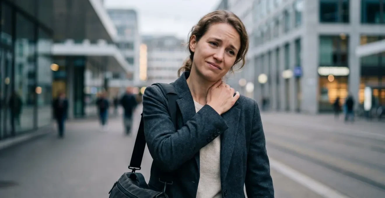 Femme en milieu urbain suisse ressentant des tensions musculaires liées au port d'un sac à bandoulière, focus sur la région de l'épaule et du trapèze