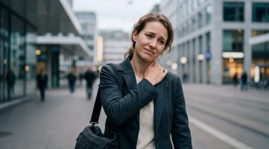 Femme en milieu urbain suisse ressentant des tensions musculaires liées au port d'un sac à bandoulière, focus sur la région de l'épaule et du trapèze