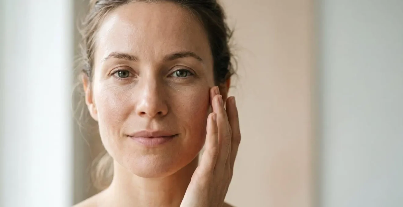 Visage serein d'une femme appliquant délicatement un soin avec les doigts, lumière naturelle douce, peau éclatante et naturelle, routine beauté minimaliste