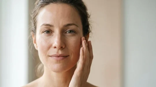 Visage serein d'une femme appliquant délicatement un soin avec les doigts, lumière naturelle douce, peau éclatante et naturelle, routine beauté minimaliste