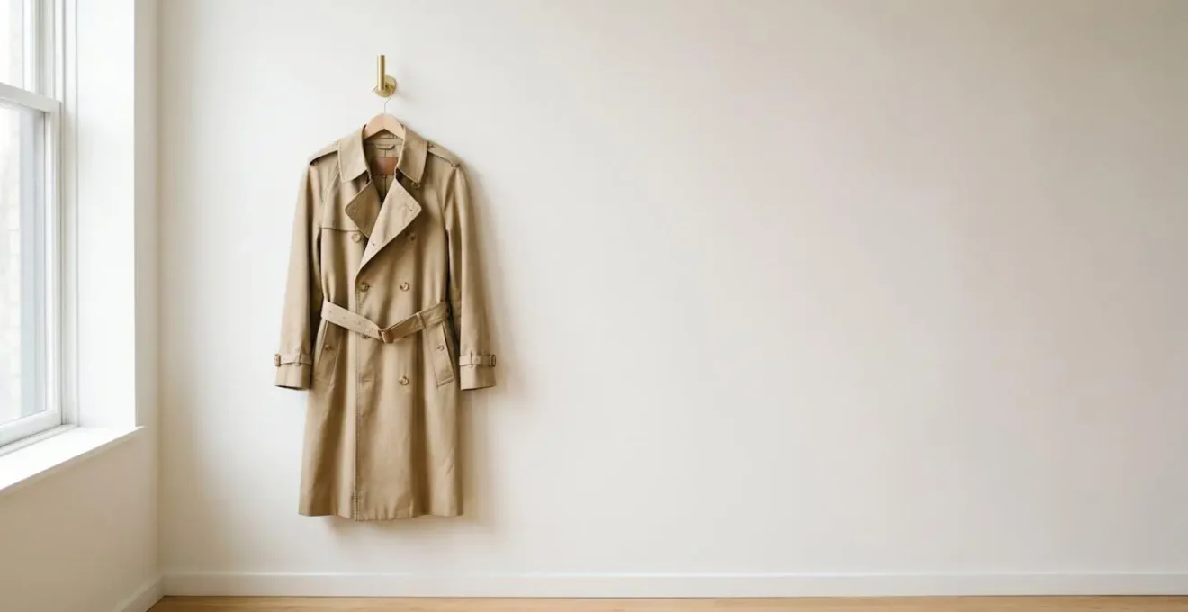 Trench beige classique sur cintre capturé dans une lumière naturelle éclatante symbolisant le choix de la bonne nuance pour valoriser le teint