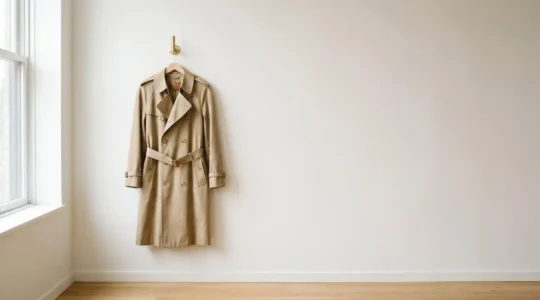 Trench beige classique sur cintre capturé dans une lumière naturelle éclatante symbolisant le choix de la bonne nuance pour valoriser le teint