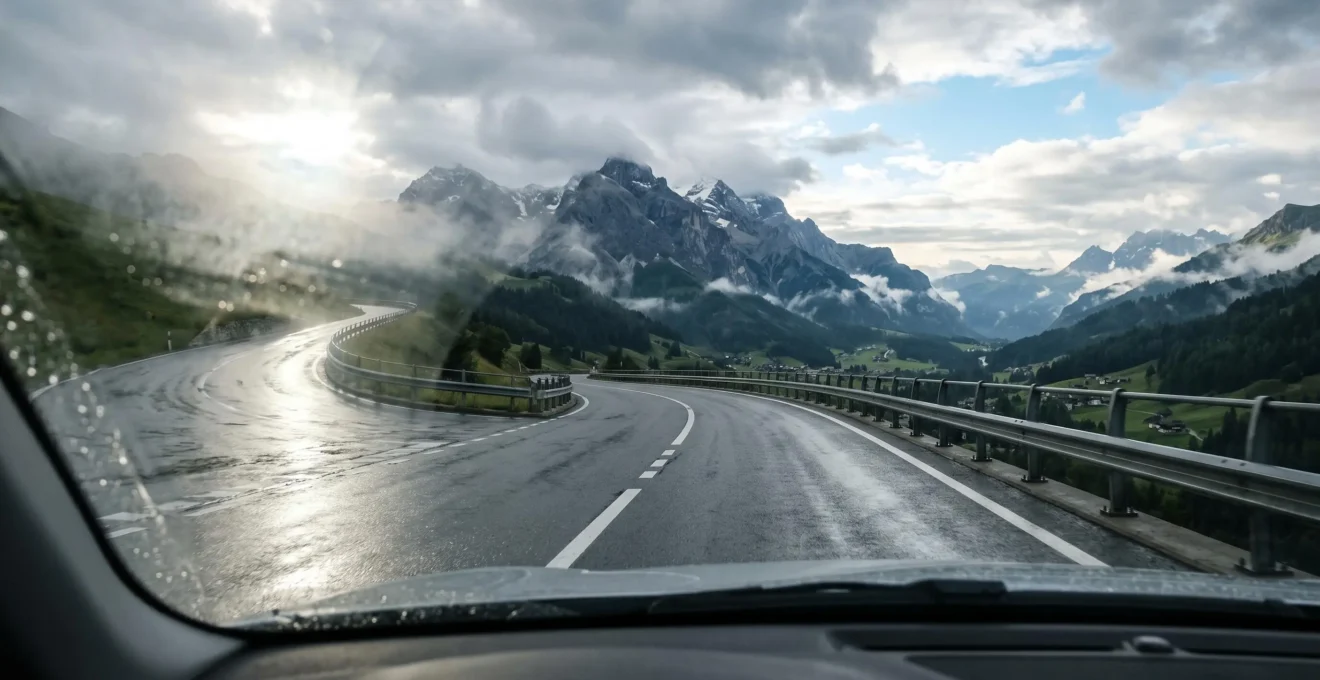 Route suisse mouillée après la pluie avec vue claire grâce aux verres polarisés pour la conduite