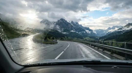 Route suisse mouillée après la pluie avec vue claire grâce aux verres polarisés pour la conduite
